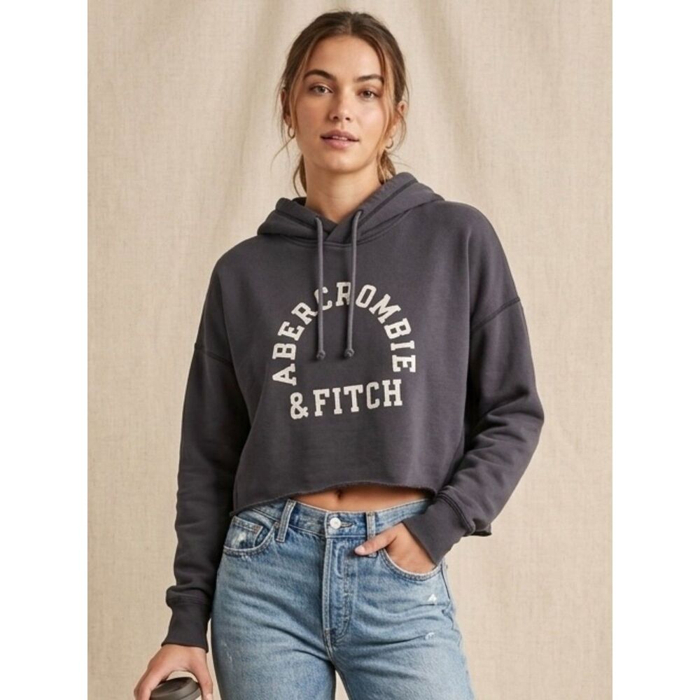 Abercrombie & Fitch Vintage Logo Cropped Hoodie Dark Gray Charcoal L